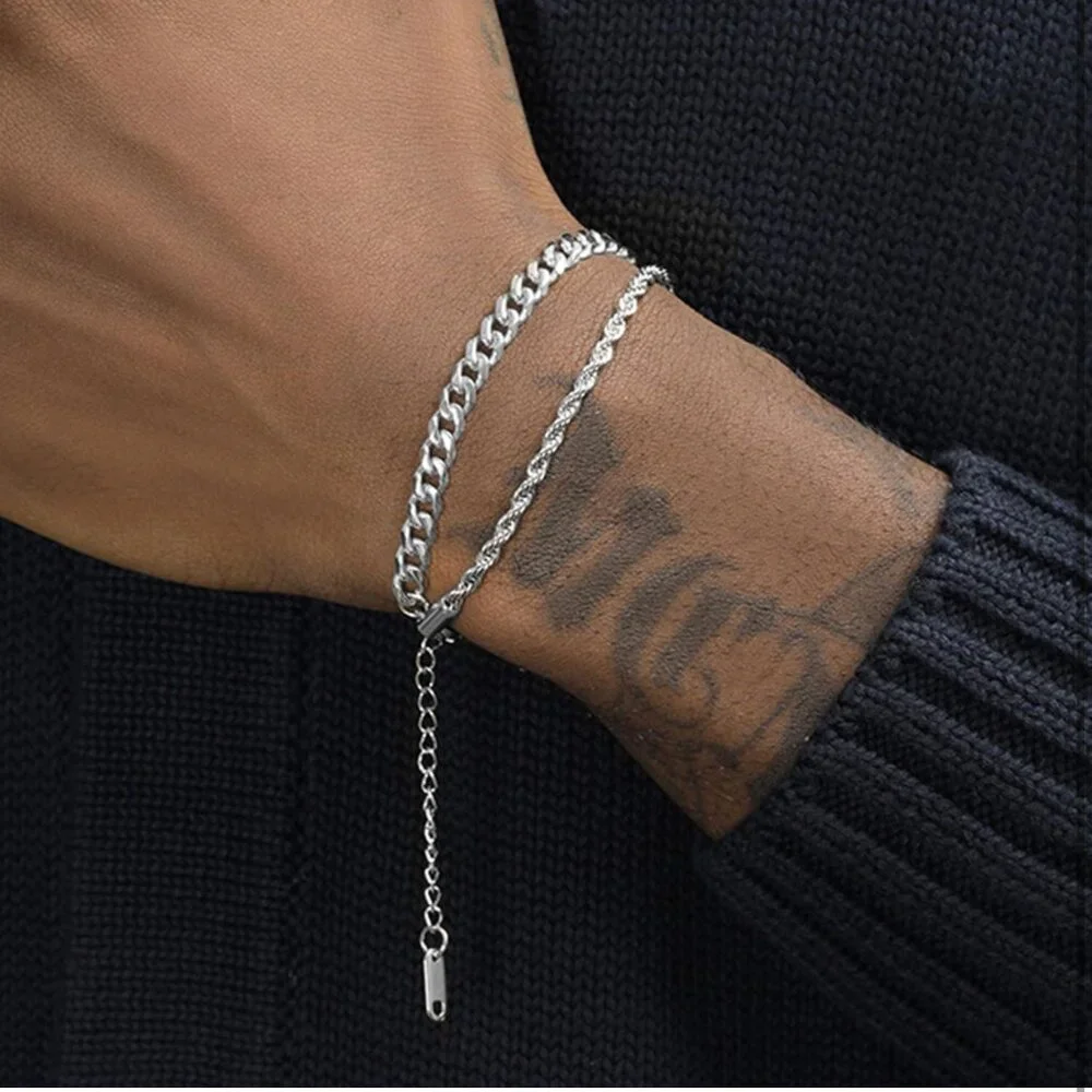 Silver Cuban Chain Bracelet Set, Waterproof Stainless Steel, Adjustable